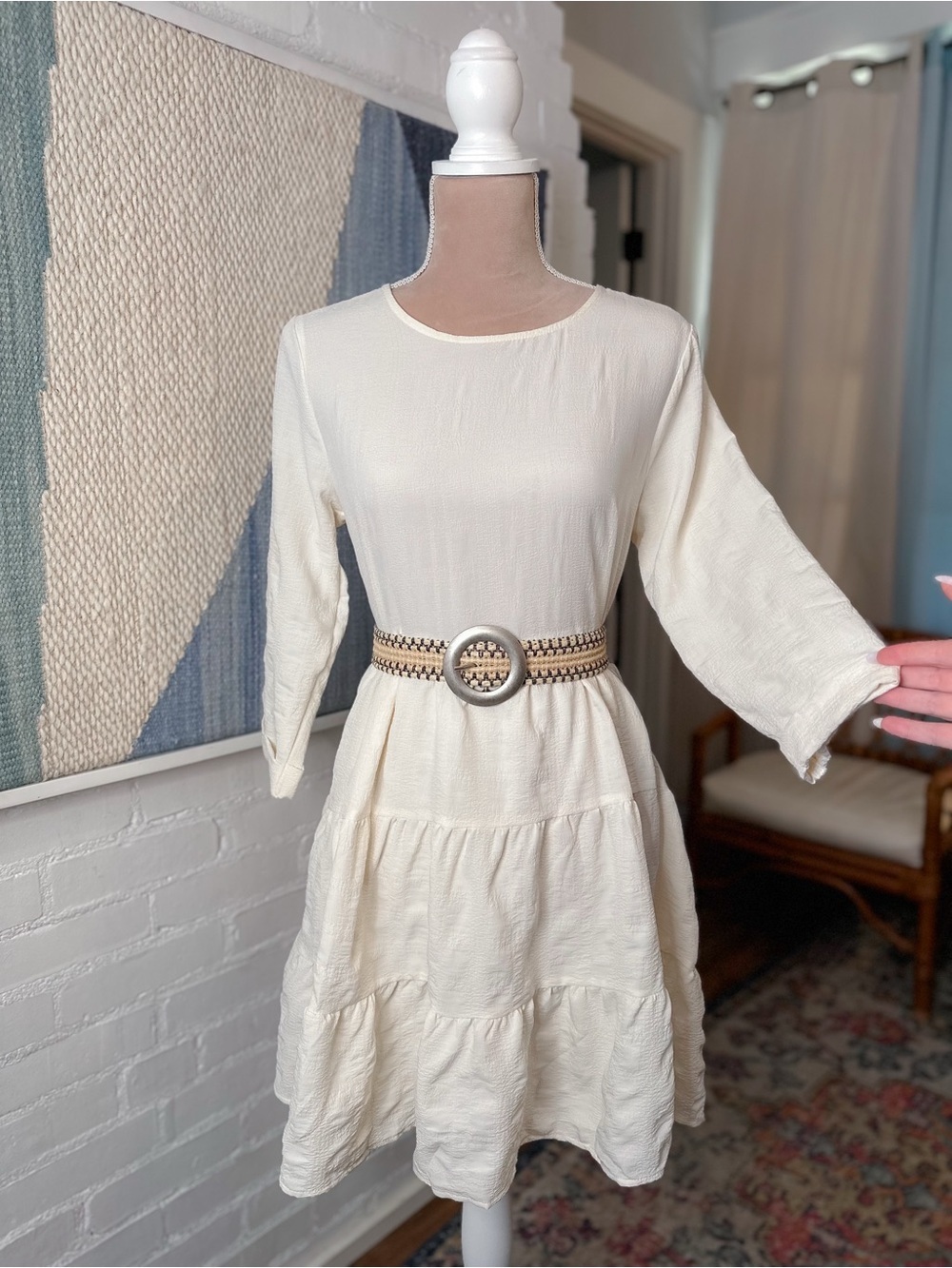 NWT Blu Pepper Cream Tiered ¾ Sleeve Dress